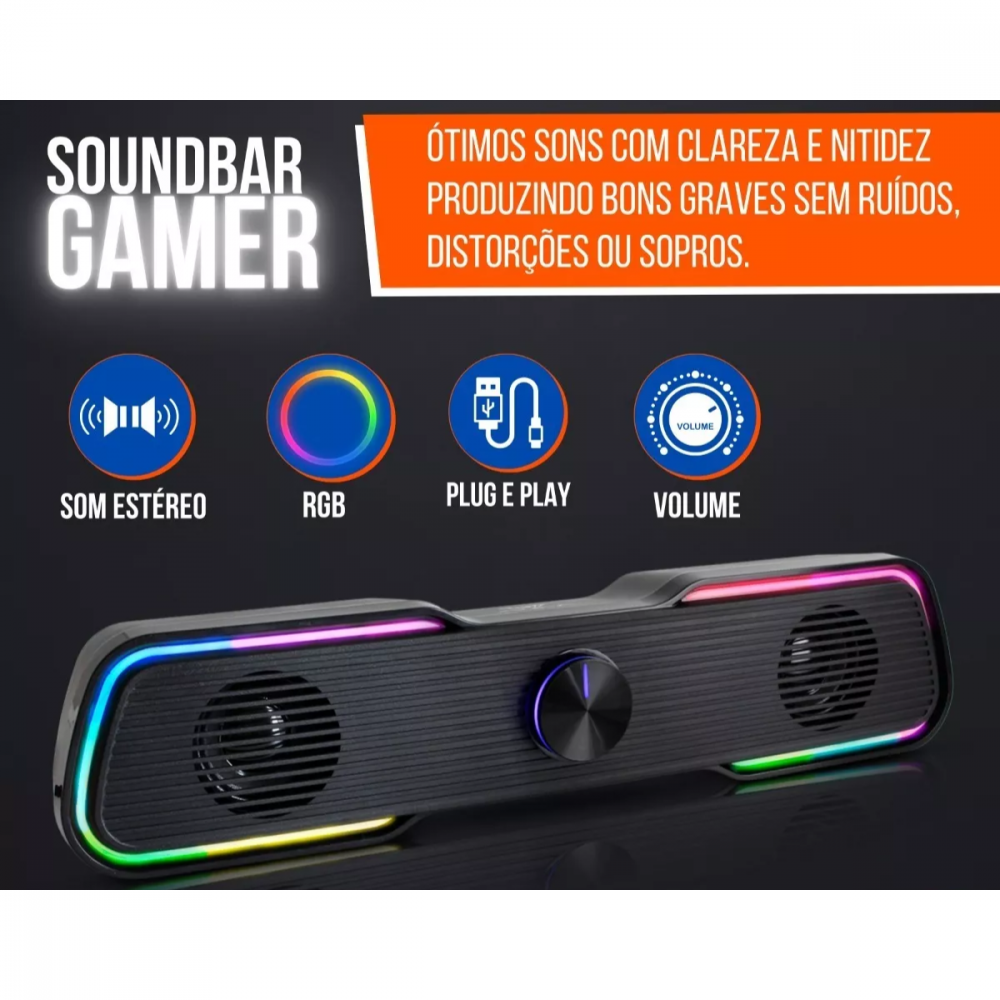 Caixa De Som Soundbar Gamer Computador Tv Notebook Estéreo Led Rgb Altomex AL-3861