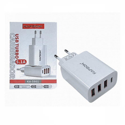 Fonte carregador Turbo 5.1A com 03 Portas USB e Porta Tipo C Kapbom KA-5901