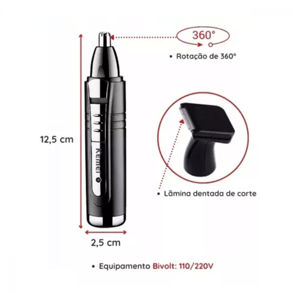 Máquina Aparador Tirar Pelos Nariz Barba Cabelo Profissional Kemei KM-6511