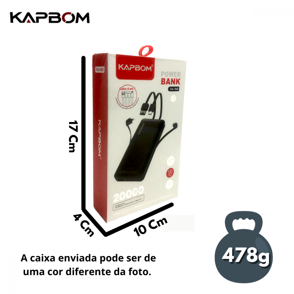 Carregador Portátil Powerbank 4 em 1 / 20000mAh Kapbom KA-968