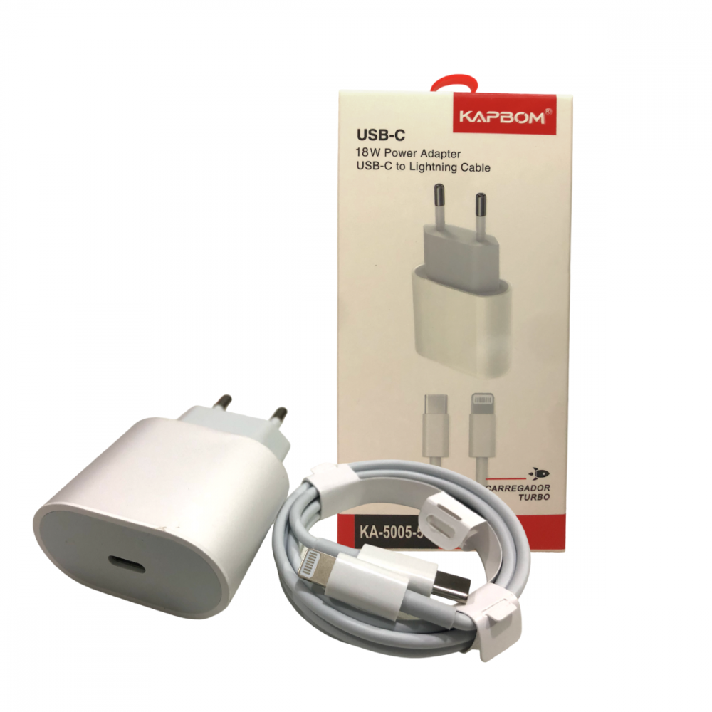 Carregador Completo Tipo C com Cabo Lightning IOS / Tipo C PD18W Carregamento turbo Kapbom KA-5005-5g