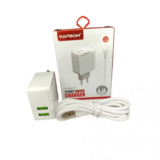 Carregador Completo 2 Portas Cabo USB Tipo C 5.1A Quick Charger Kapbom KA-5603-TIPO-C