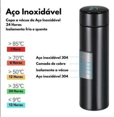Garrafa Térmica Inteligente Inox 500 Ml com Medidor de Temperatura Logo Stan.