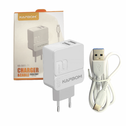 Carregador Completo 2 Portas Cabo USB Tipo C 5.1A Quick Charger Kapbom KA-5605-TY